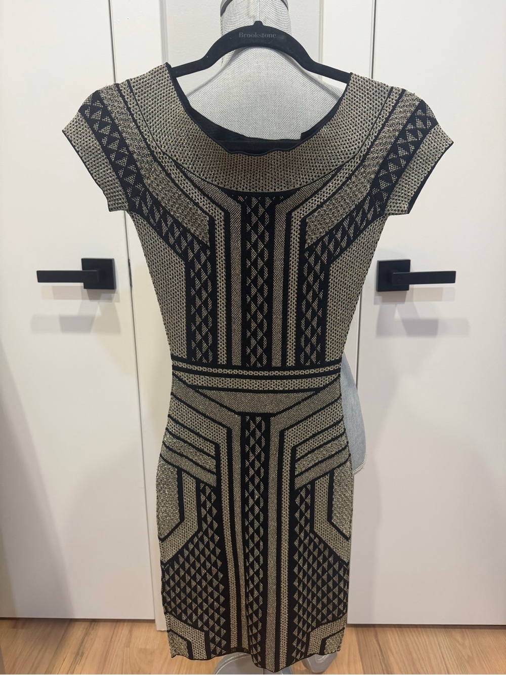 BCBGMaxAzria Black and Beige Geometric Midi Dress